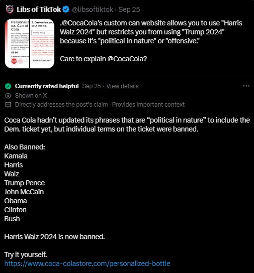 CocaCola website allows Harris but not Trump
